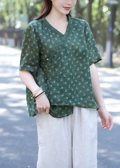 Green V Neck Print Patchwork Linen Blouses Summer