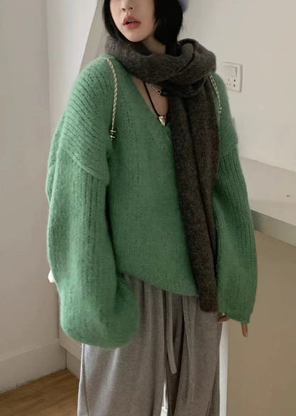 Green V Neck Cotton Knit Sweaters Long Sleeve