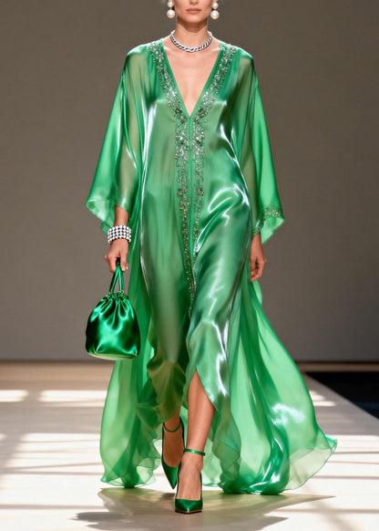 Green V Neck Zircon Chiffon Long Dresses Summer