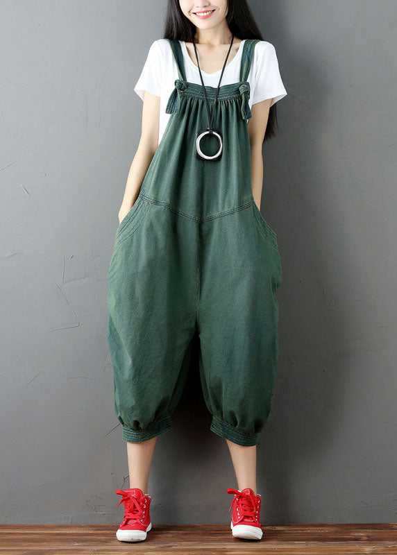 Green Wrinkled Patchwork Denim Jumpsuit Pants Summer