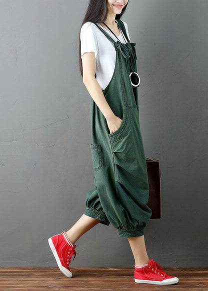 Green Wrinkled Patchwork Denim Jumpsuit Pants Summer