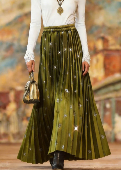 Green Wrinkled Zircon Velvet Skirts Spring