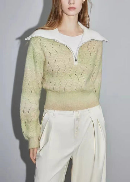 Green Zip Up Hollow Out Wool Knit Sweater Spring