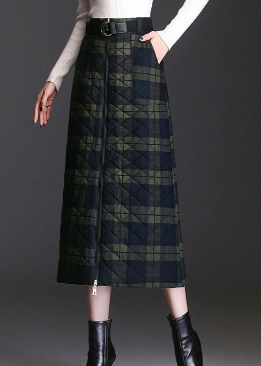 Green Zip Up Plaid Fine Cotton Filled Skirts Winter