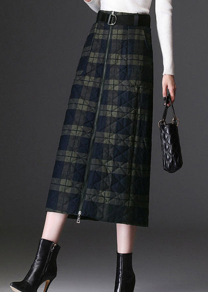 Green Zip Up Plaid Fine Cotton Filled Skirts Winter