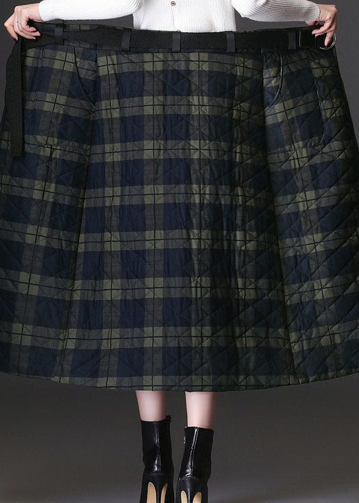 Green Zip Up Plaid Fine Cotton Filled Skirts Winter