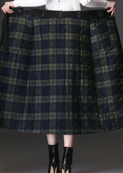 Green Zip Up Plaid Fine Cotton Filled Skirts Winter