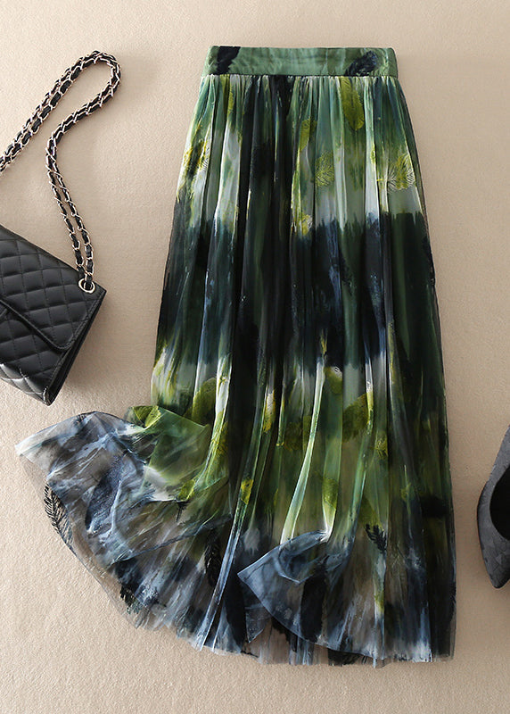 Green High Waist Print Tulle Skirt Spring