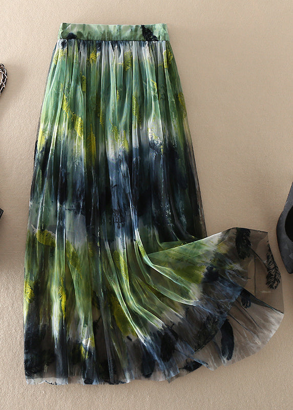 Green High Waist Print Tulle Skirt Spring