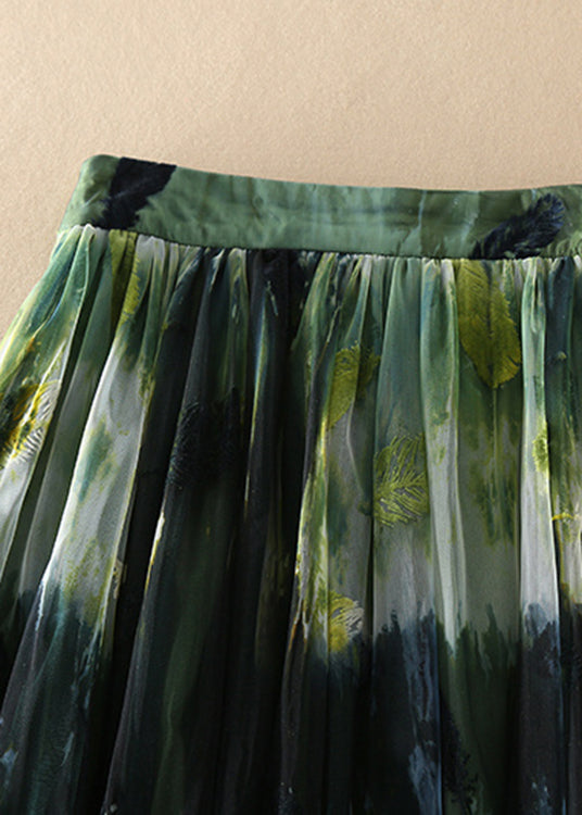 Green High Waist Print Tulle Skirt Spring