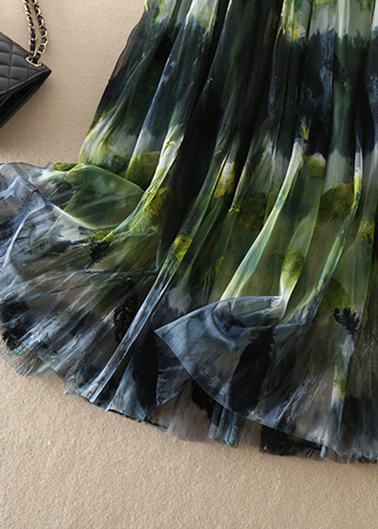 Green High Waist Print Tulle Skirt Spring