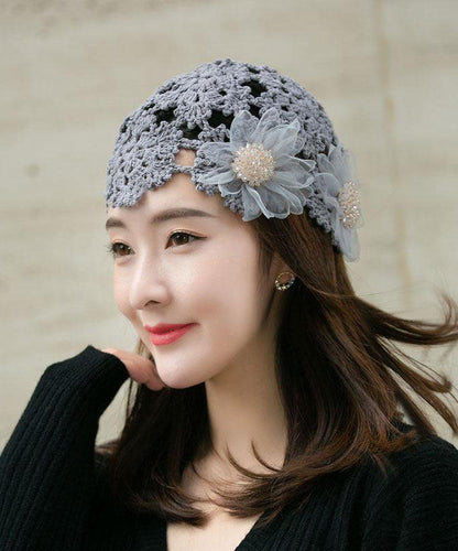 Grey Applique Hollow Out Knit Bonnie Hat