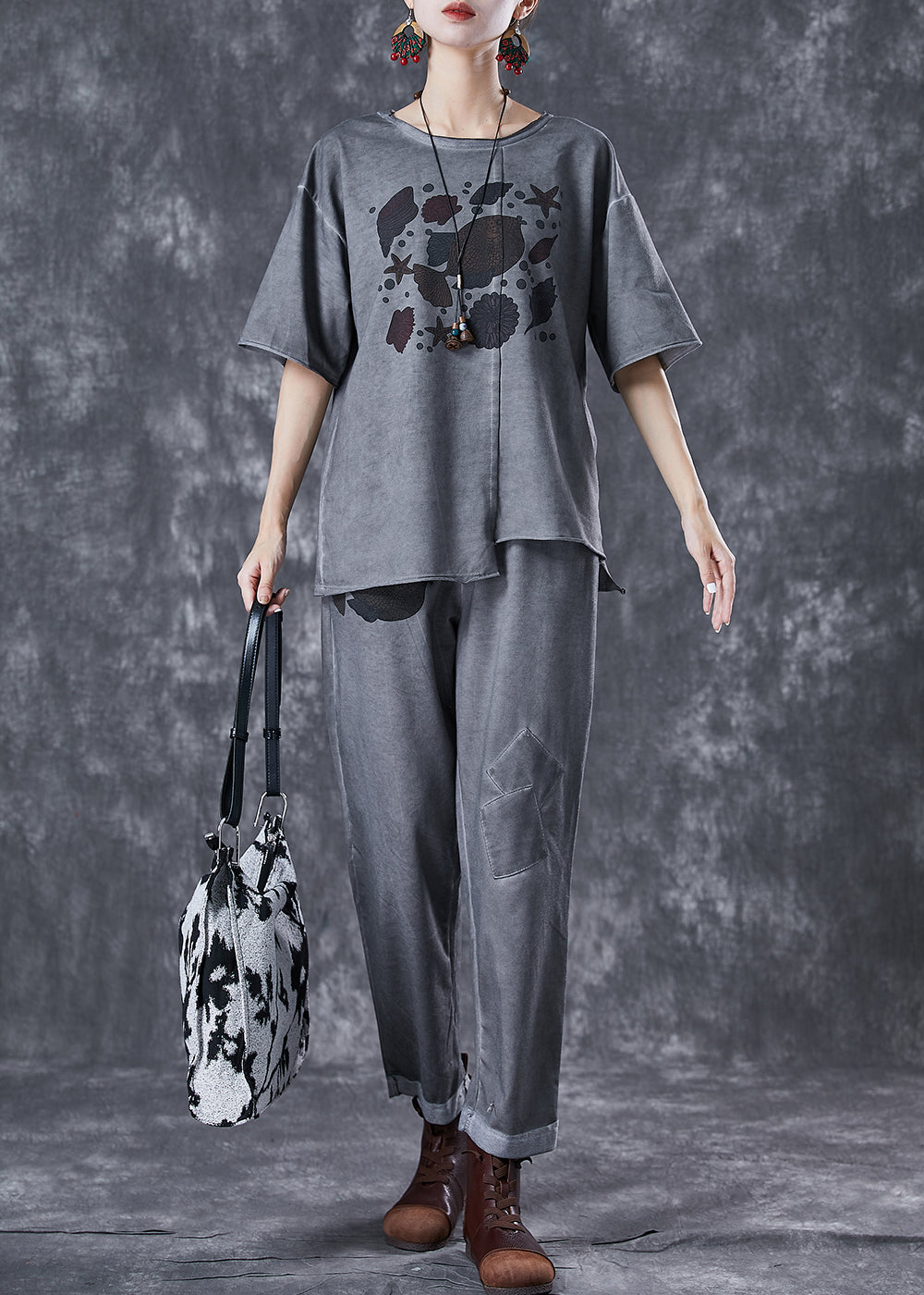 Grey Asymmetrical Patchwork Applique Cotton Two Pieces Set Summer