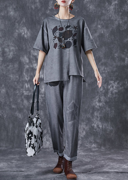 Grey Asymmetrical Patchwork Applique Cotton Two Pieces Set Summer