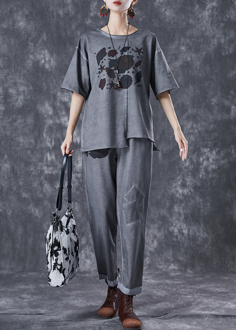 Grey Asymmetrical Patchwork Applique Cotton Two Pieces Set Summer