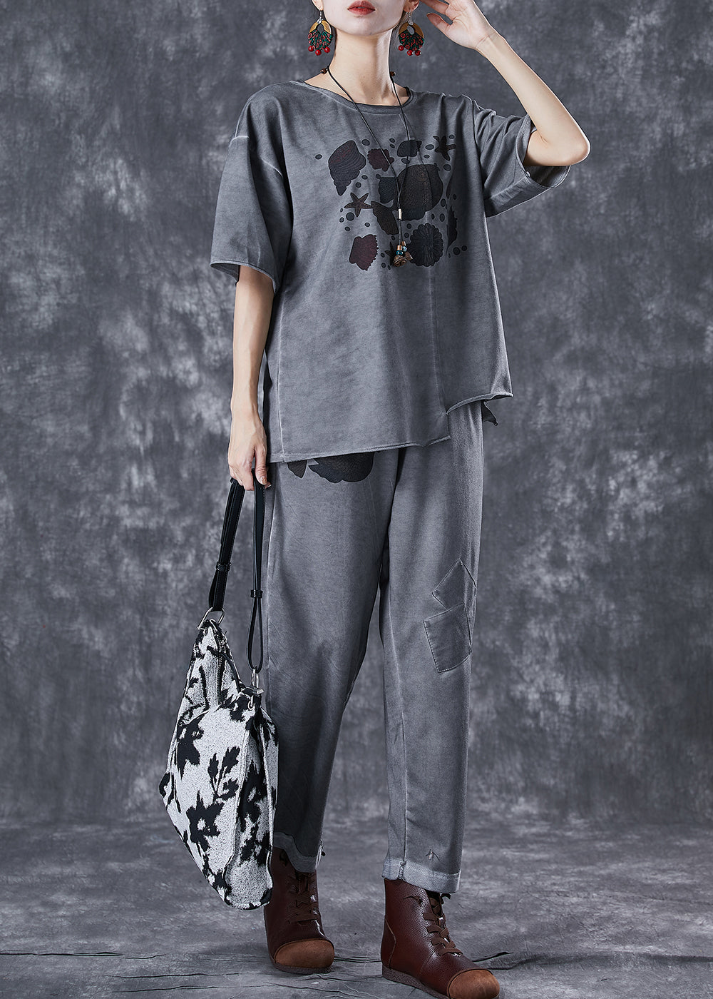 Grey Asymmetrical Patchwork Applique Cotton Two Pieces Set Summer