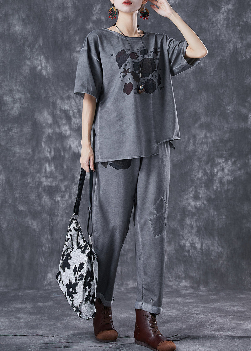 Grey Asymmetrical Patchwork Applique Cotton Two Pieces Set Summer