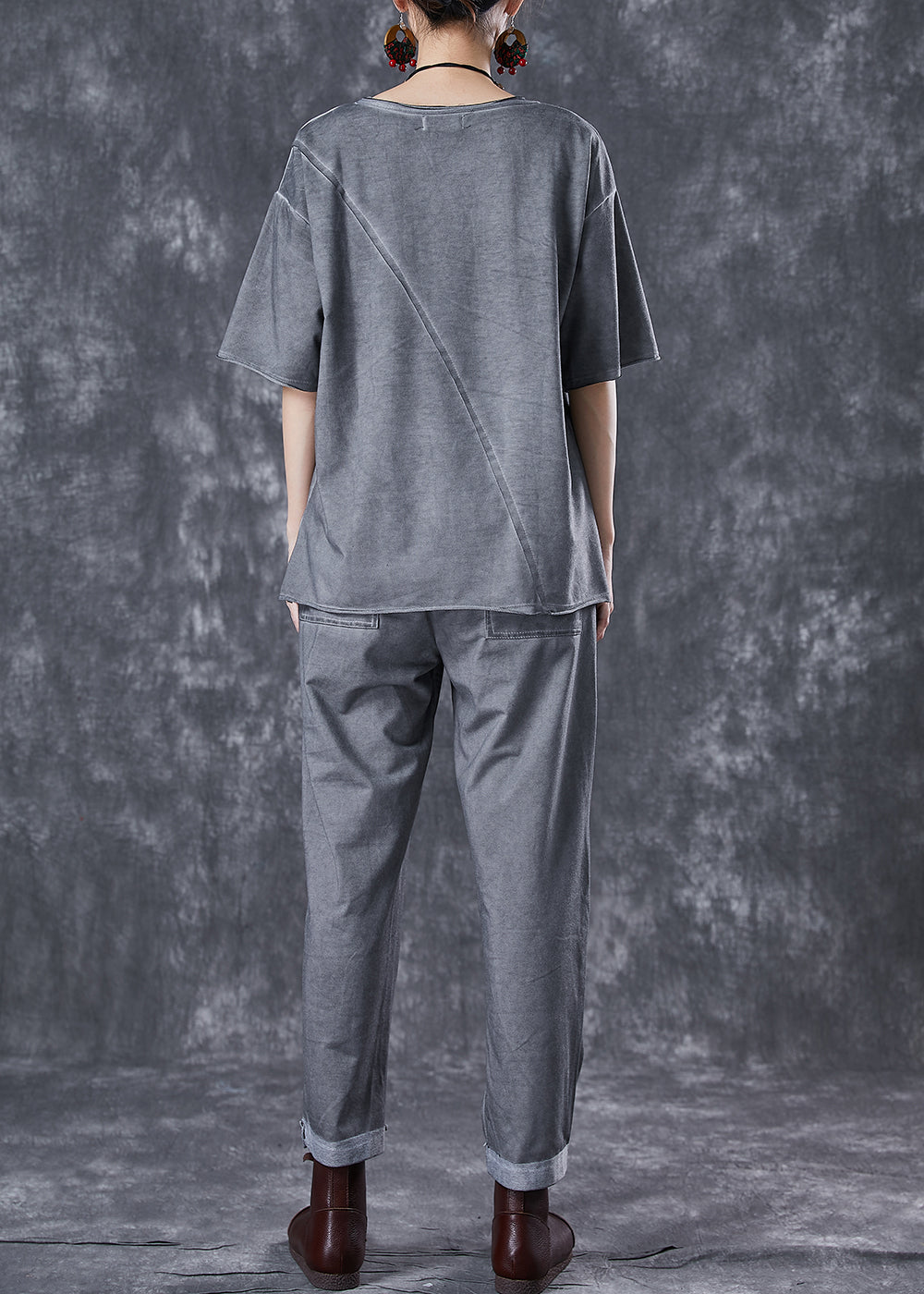 Grey Asymmetrical Patchwork Applique Cotton Two Pieces Set Summer