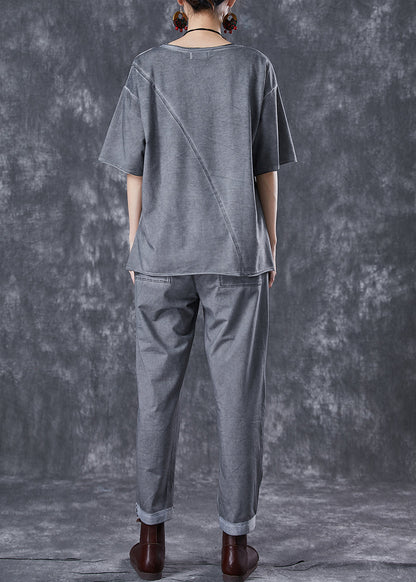 Grey Asymmetrical Patchwork Applique Cotton Two Pieces Set Summer