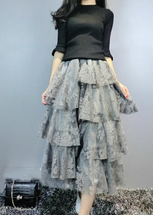 Grey Asymmetrical Lace Skirt Spring