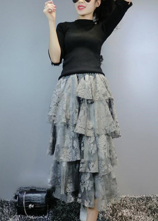 Grey Asymmetrical Lace Skirt Spring