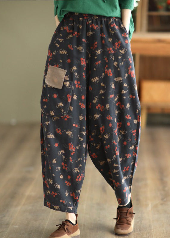 Grey Black Pockets Print Elastic Waist Linen Pants Spring