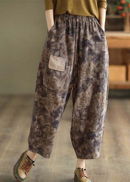 Grey Black Pockets Print Elastic Waist Linen Pants Spring