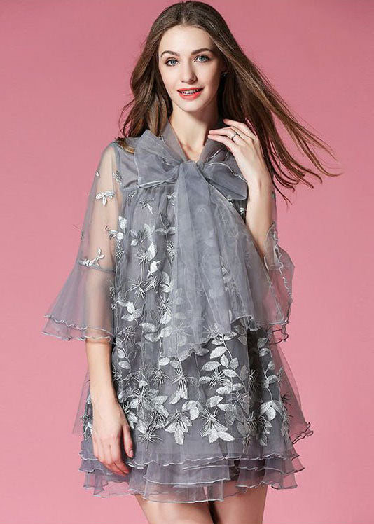 Grey Bow Embroideried Hollow Out Organza Dress Summer