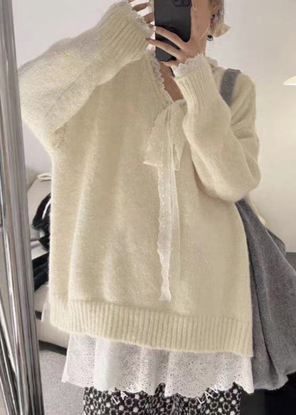 Grey Cozy Lace Patchwork Knit Sweater Winter