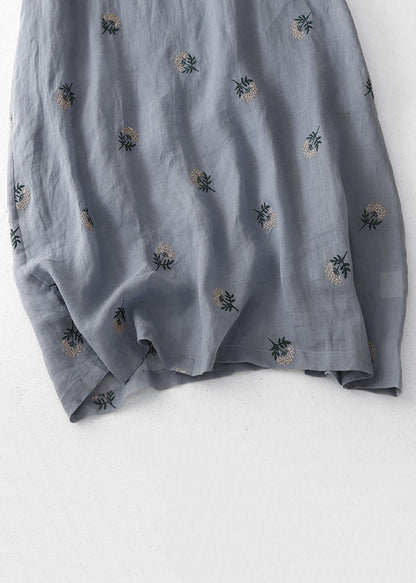 Grey Embroidered Button Cotton Dresses Half Sleeve