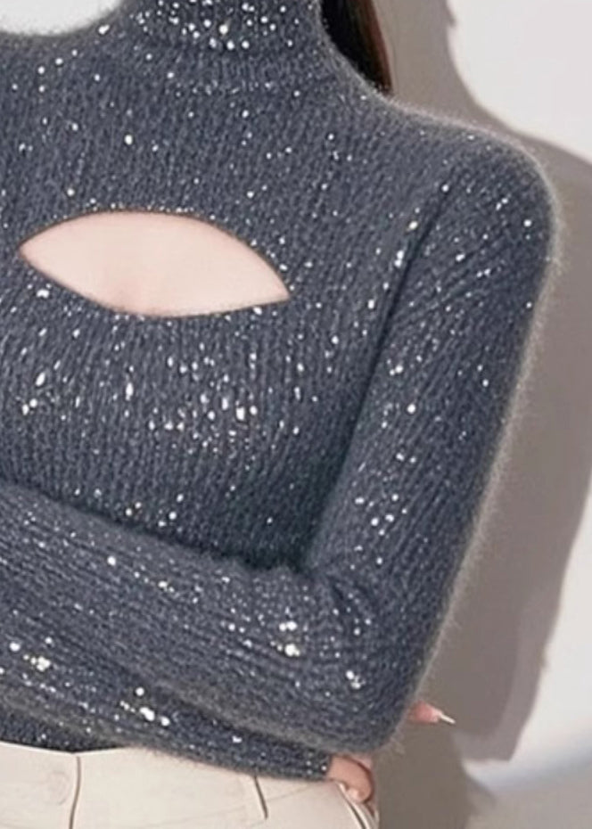 Grey Hign Neck Hollow Out Knit Sweater Spring