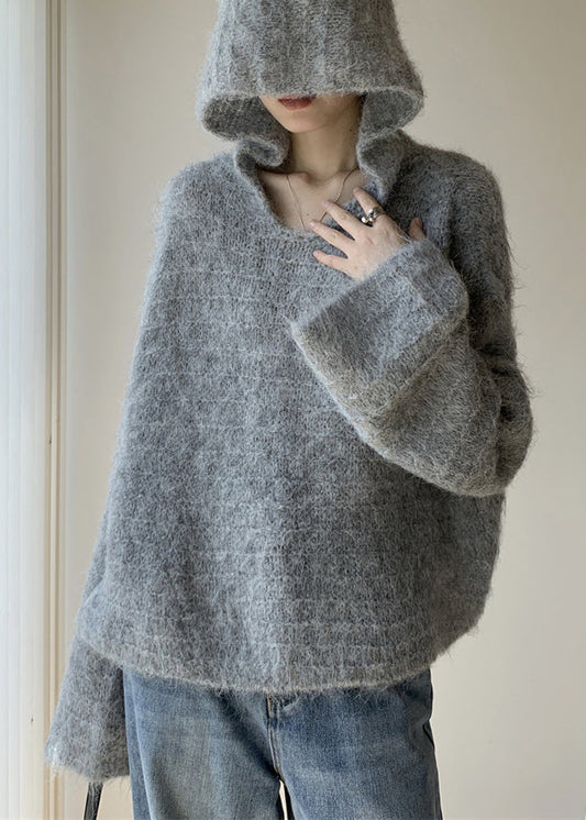 Grey Hooded Cotton Knit Sweaters Spring