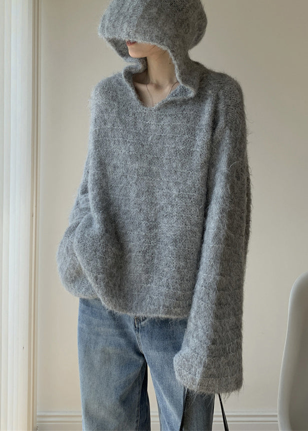 Grey Hooded Cotton Knit Sweaters Spring