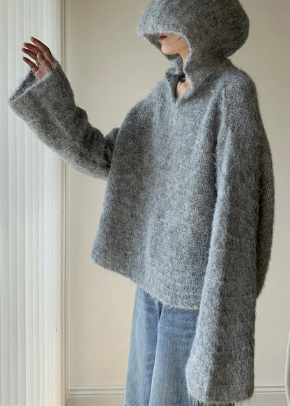 Grey Hooded Cotton Knit Sweaters Spring