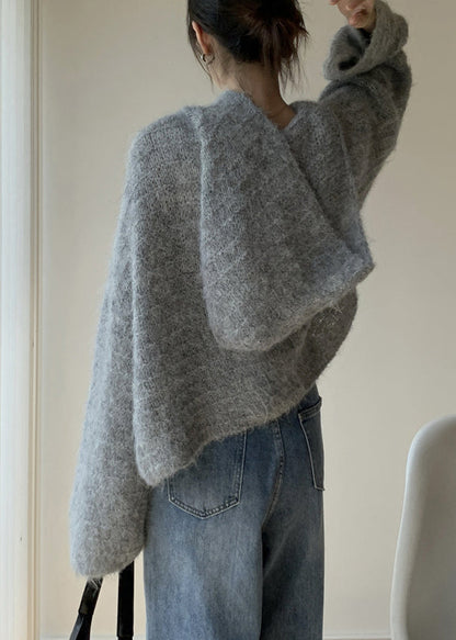 Grey Hooded Cotton Knit Sweaters Spring