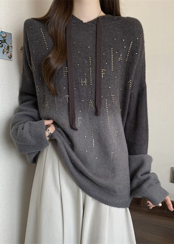 Grey Hooded Tie Dye Knit Pullover Sweatshirt Fall