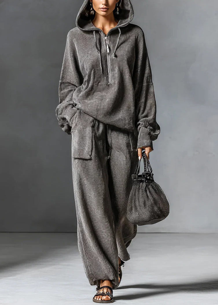 Grey Hooded Zippered Elastic Waist Two Pieces Set Spring