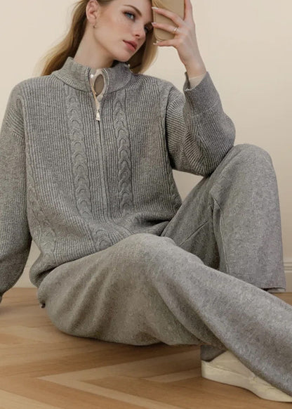 Grey Knitted Set Zippered Knitted Cotton Thread Sweater Cardigan and Wide Leg Pants Two Pieces Set Fall