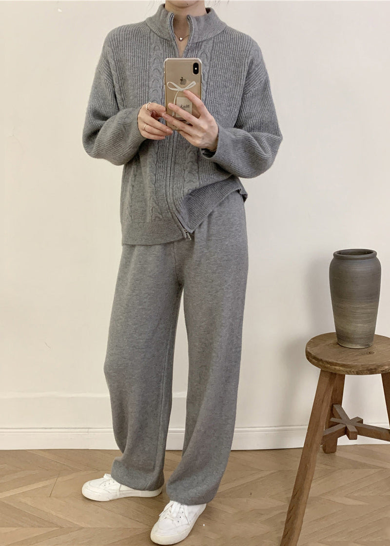 Grey Knitted Set Zippered Knitted Cotton Thread Sweater Cardigan and Wide Leg Pants Two Pieces Set Fall