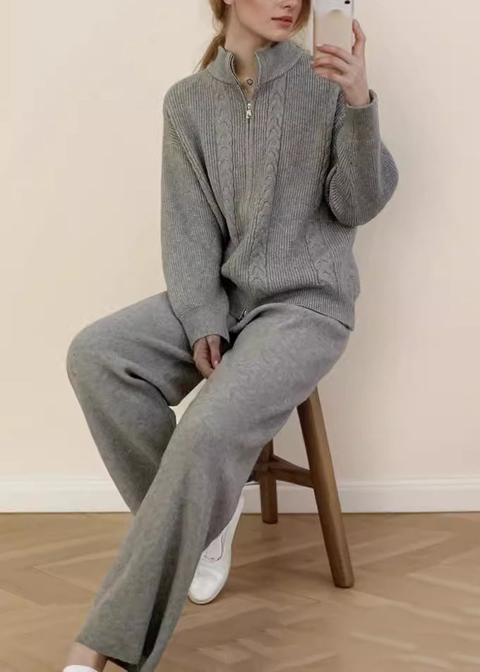Grey Knitted Set Zippered Knitted Cotton Thread Sweater Cardigan and Wide Leg Pants Two Pieces Set Fall