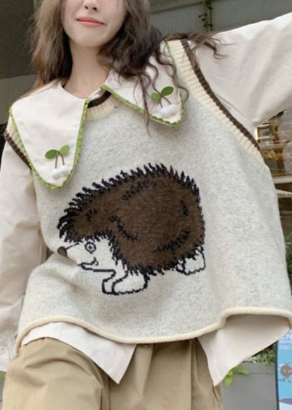 Grey O-neck Animal Print Cotton Knit Waistcoat Fall