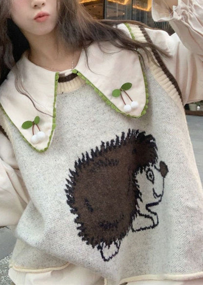 Grey O-neck Animal Print Cotton Knit Waistcoat Fall