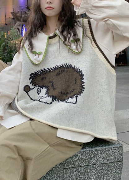 Grey O-neck Animal Print Cotton Knit Waistcoat Fall
