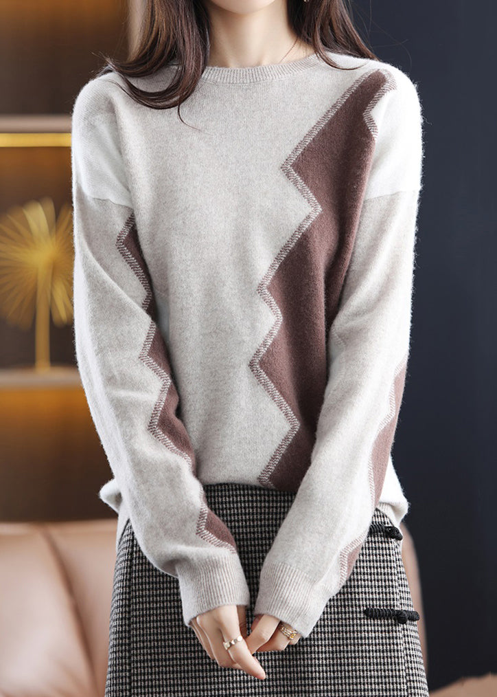 Grey O Neck Asymmetrical Patchwork Wool Sweaters Fall