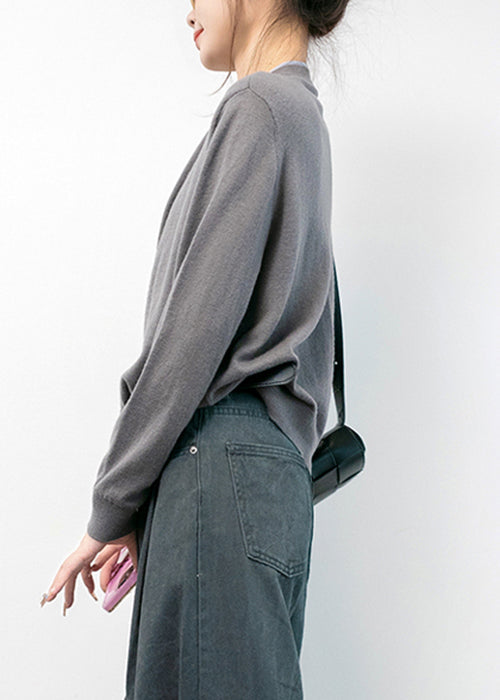 Grey O Neck Button Cotton Knit Coats Long Sleeve