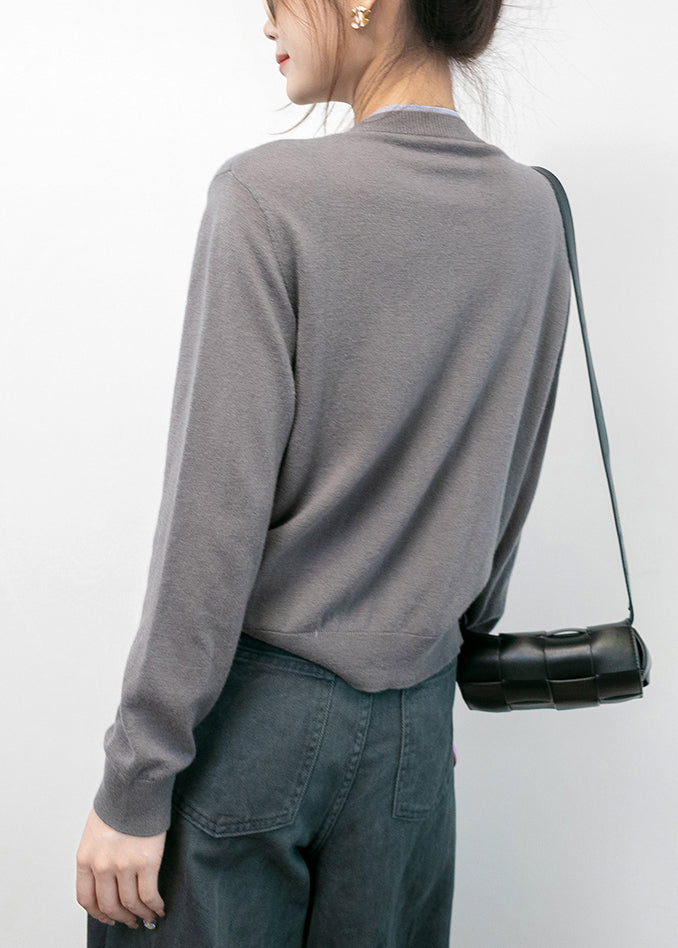 Grey O Neck Button Cotton Knit Coats Long Sleeve