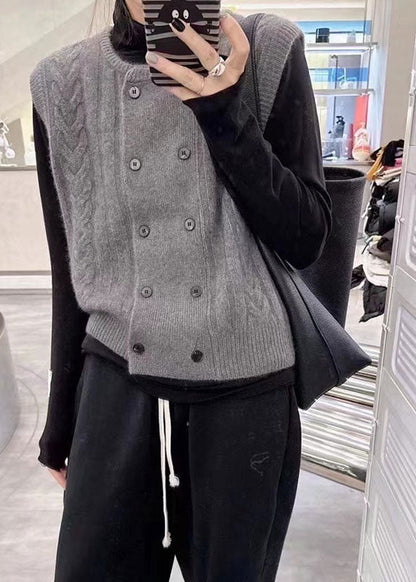 Grey O-neck Button Cozy Wool Cable Knit Waistcoat Fall