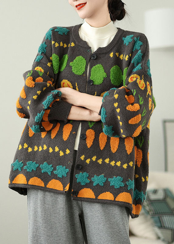 Grey O Neck Embroidered Knit Loose Coat Spring