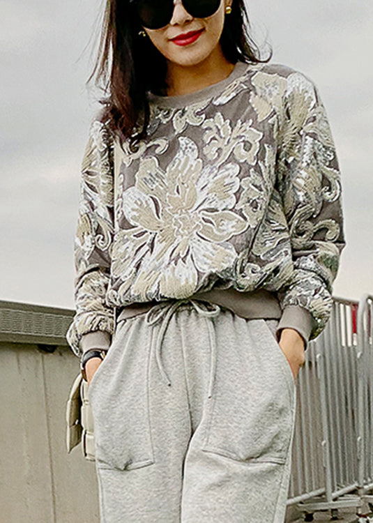 Grey O-neck Embroideried Velour Sweatshirt Long Sleeve
