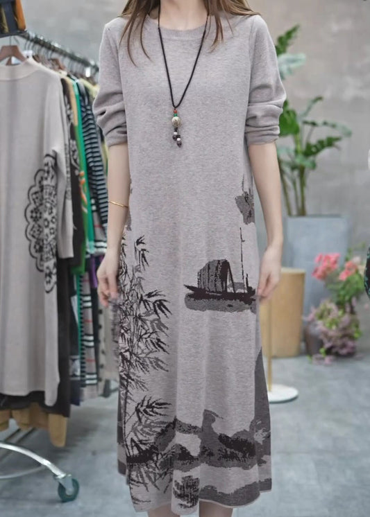 Grey O Neck Print Knit Sweater Dress Winter